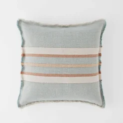 Everett Fringe Stripe Linen Cushion - Blue