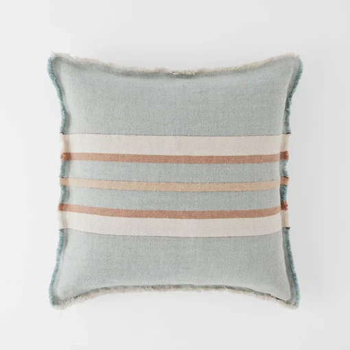 Everett Fringe Stripe Linen Cushion - Blue