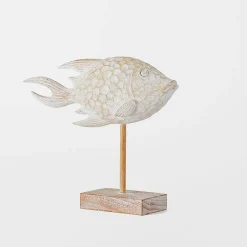 Fish Carved Sculpture on Stand - White Wash
